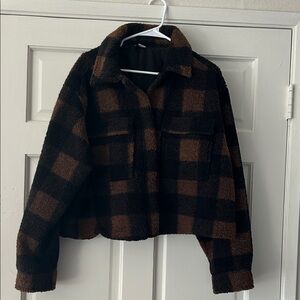 Divided Checkered Teddy Jacket in Black and Brown